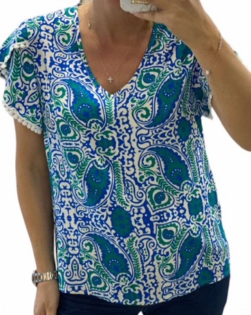 Μπλούζα V Donna Martha βολάν μανίκι με τρέσα Πράσινο