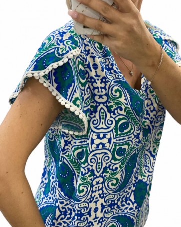 Μπλούζα V Donna Martha βολάν μανίκι με τρέσα Πράσινο