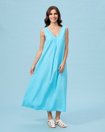 Φόρεμα λινό Passager με πιέτα Γαλάζιο