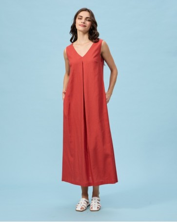 Φόρεμα λινό Passager με πιέτα Rusty Red