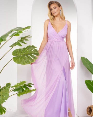 Φόρεμα maxi Exlusive κρουαζέ από μουσελίνα Λιλά