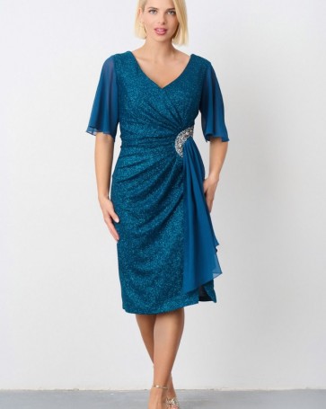 Φόρεμα Fibes Fashion με glitter και μουσελίνα Πετρόλ