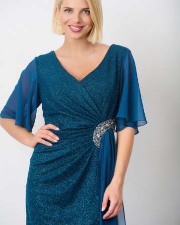 Φόρεμα Fibes Fashion με glitter και μουσελίνα Πετρόλ