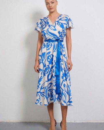 Kρουαζέ σατέν φόρεμα Fibes Fashion με βολάν Μπλε Ρουά